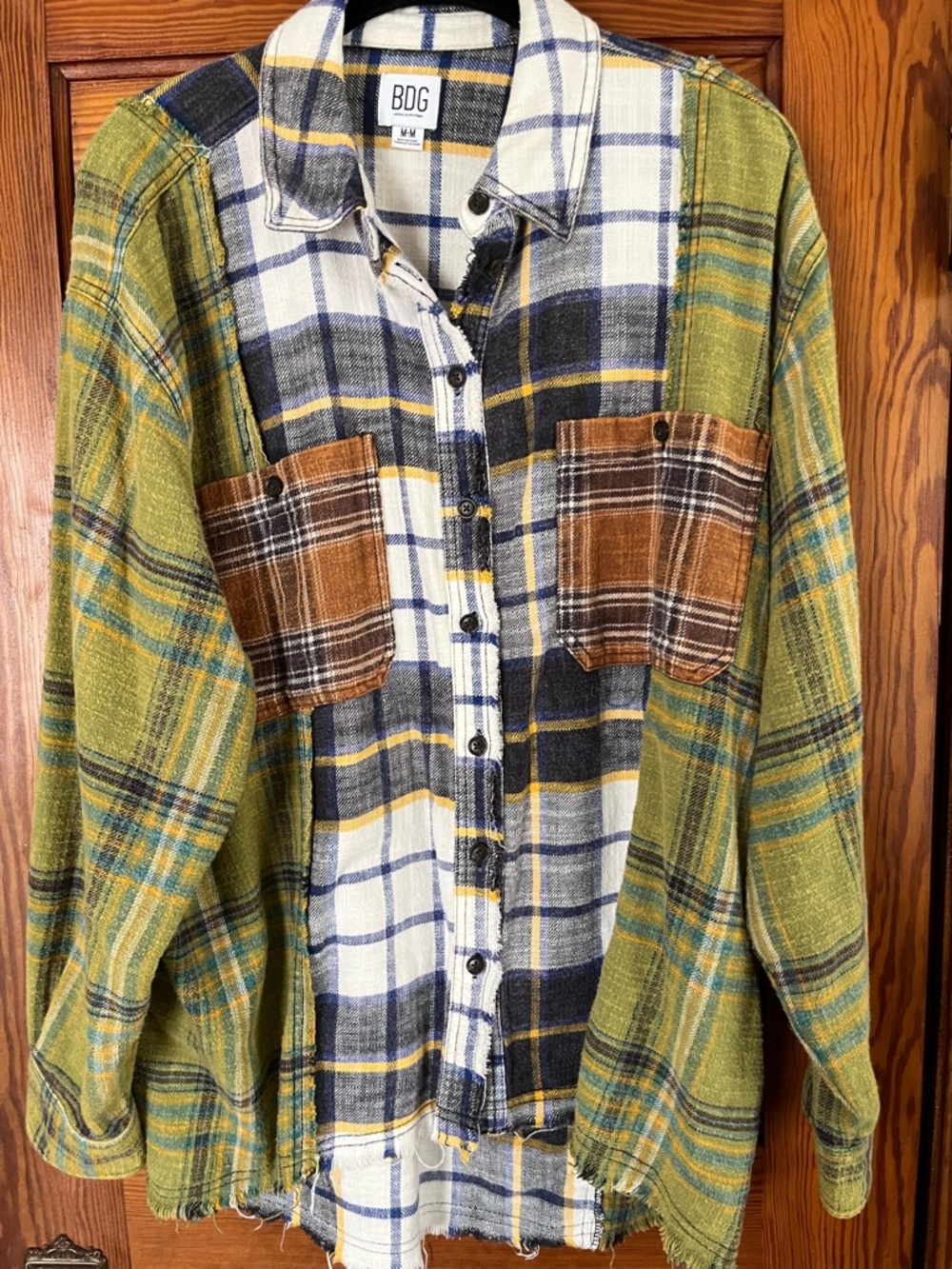 Urban outfitters BDG Patchwork Plaid Button-Up Shirt in Green, White, Brown, M